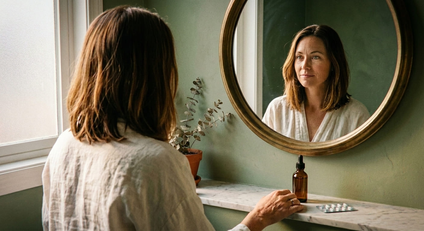 Femme pensive dans sa salle de bain, illustrant le lien entre chute de cheveux et pilule contraceptive avec un produit anti-c