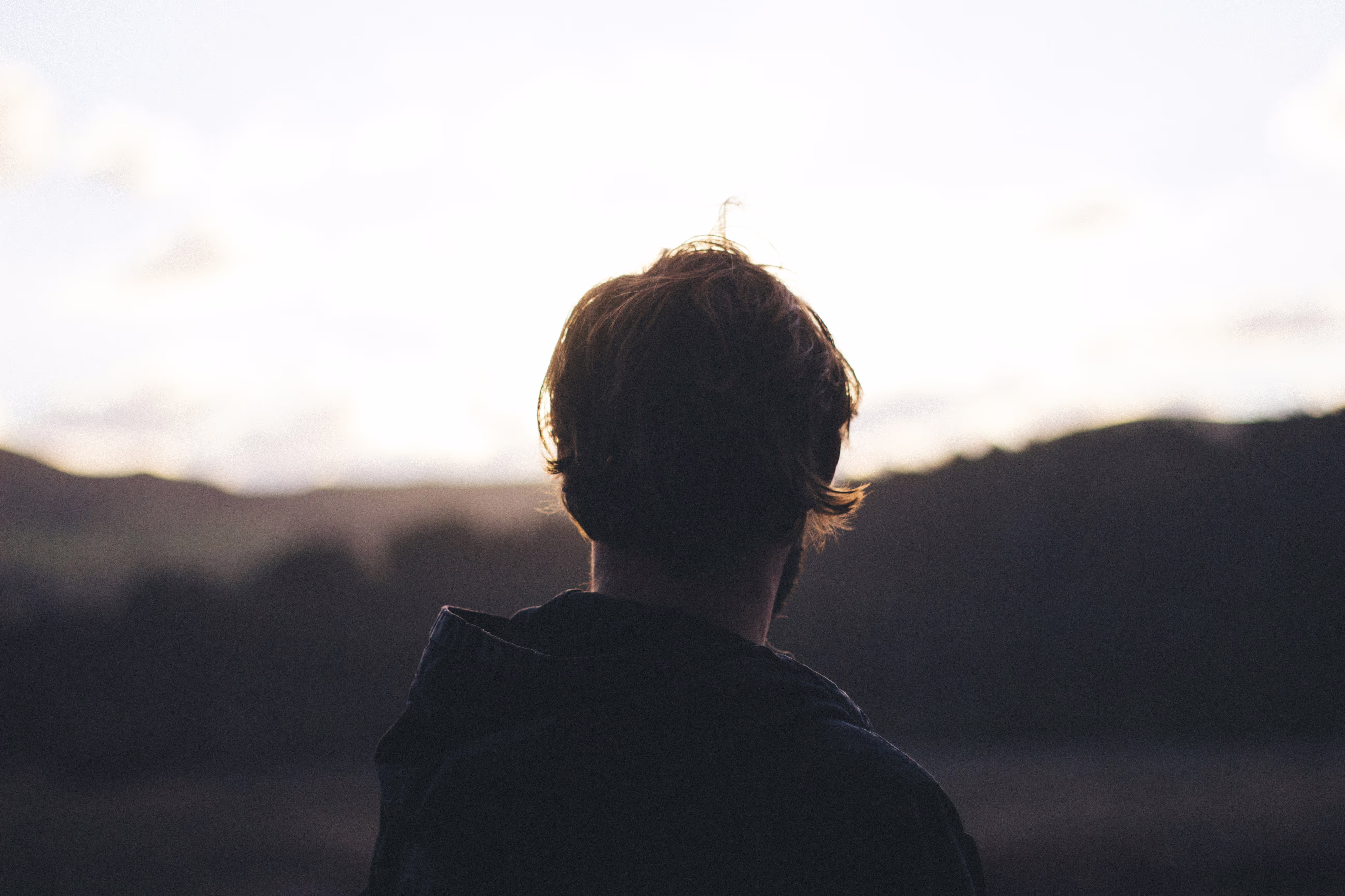 Personne de dos, cheveux visibles, face à un horizon clair. Image pour la gestion et l'accompagnement de l'alopécie en France.