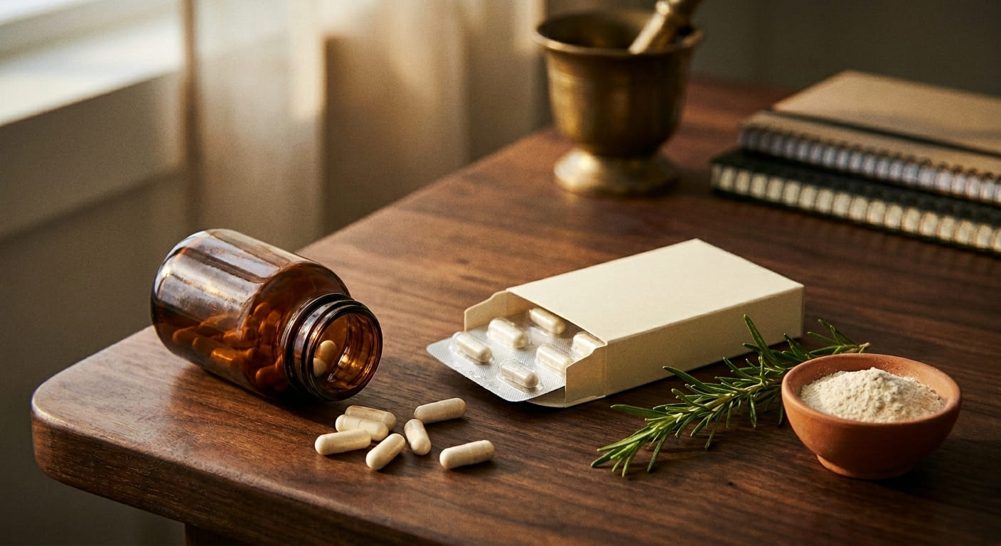 Nature morte comparant deux types de compléments alimentaires pour cheveux, un flacon ambré et un blister, sur une table en b