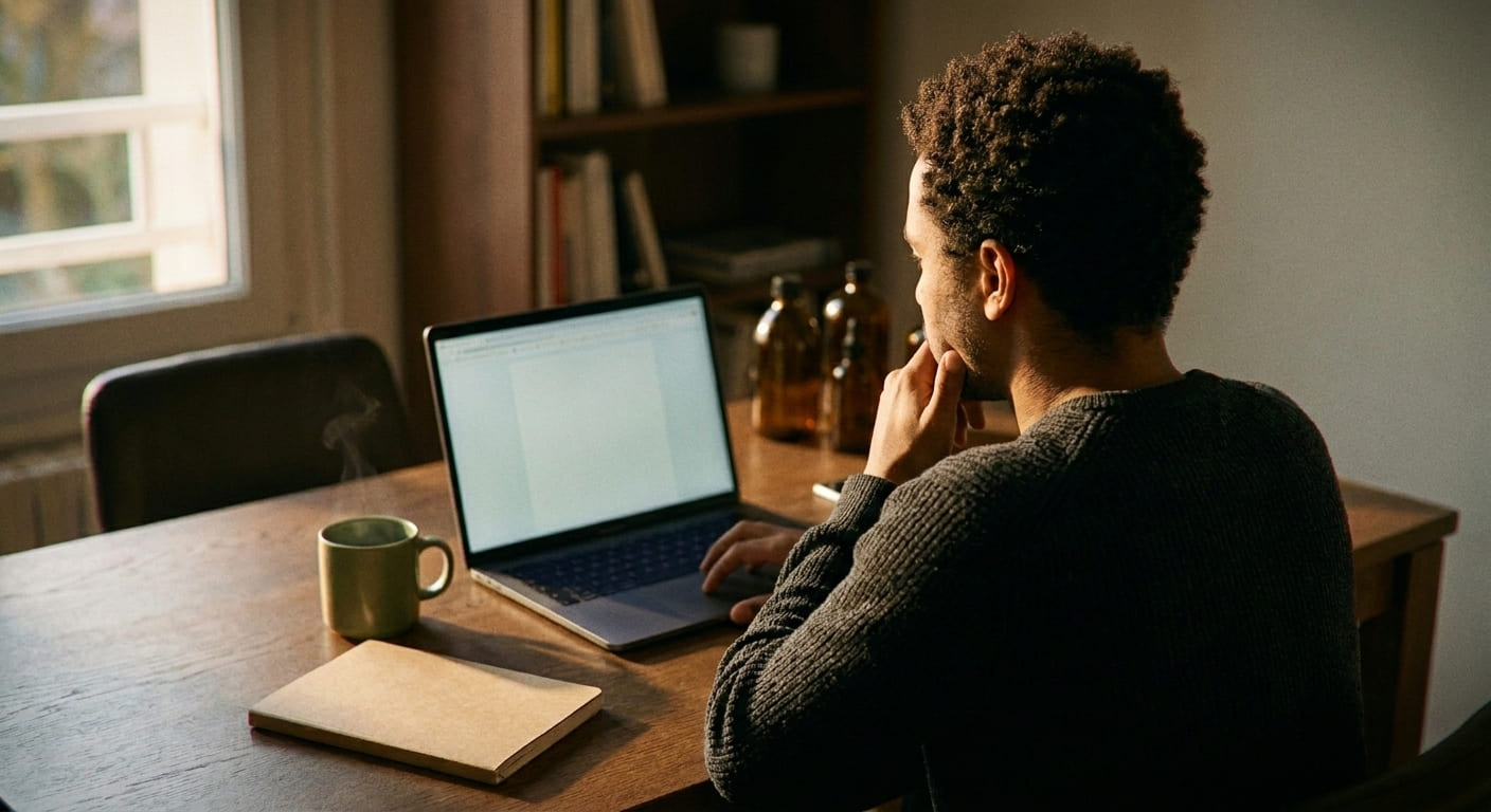 Homme concentré sur son ordinateur, recherchant un guide complet sur le dutastéride en ligne dans un bureau chaleureux.