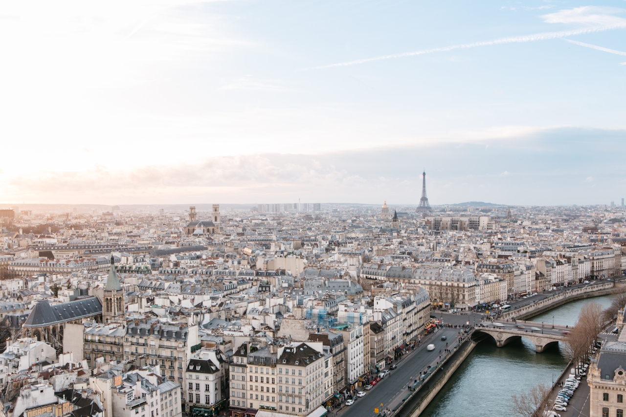 Vue aérienne de Paris, France, incluant la Tour Eiffel, la Seine et l'architecture haussmannienne. Contexte visuel français.