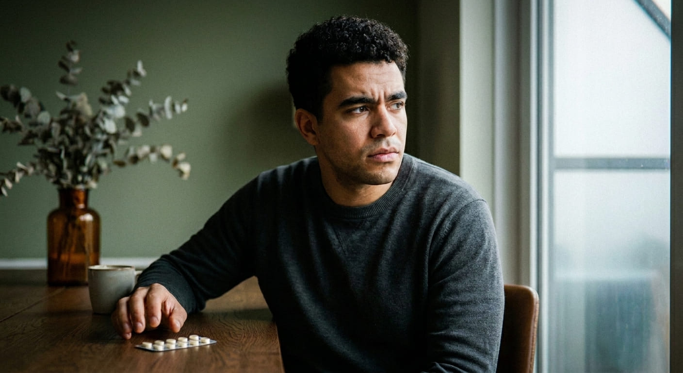 Homme songeur devant son traitement au finastéride, évoquant les risques de troubles psychiques liés au Propecia.