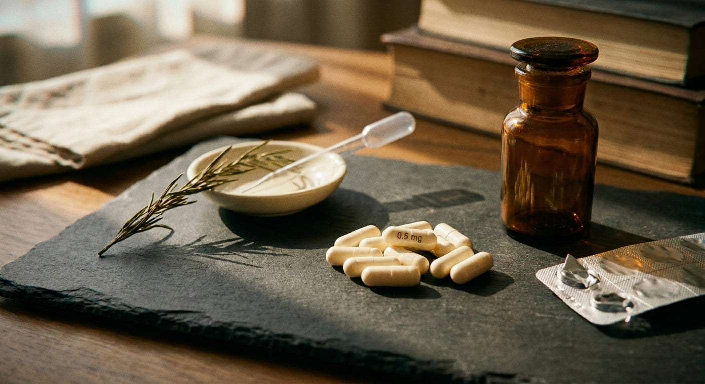 Composition pharmaceutique montrant des gélules de dutastéride 0,5 mg et un flacon ambré sur une table en ardoise, style apot