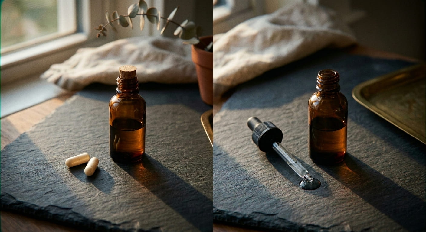 Comparaison de dutastéride oral en gélules et topique en flacon pipette, présentés dans une esthétique d'apothicaire moderne.