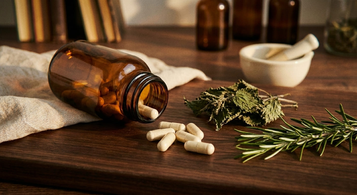 Gélules d'un complexe de vitamines bio pour la pousse des cheveux, présentées avec des plantes sur fond de bois.