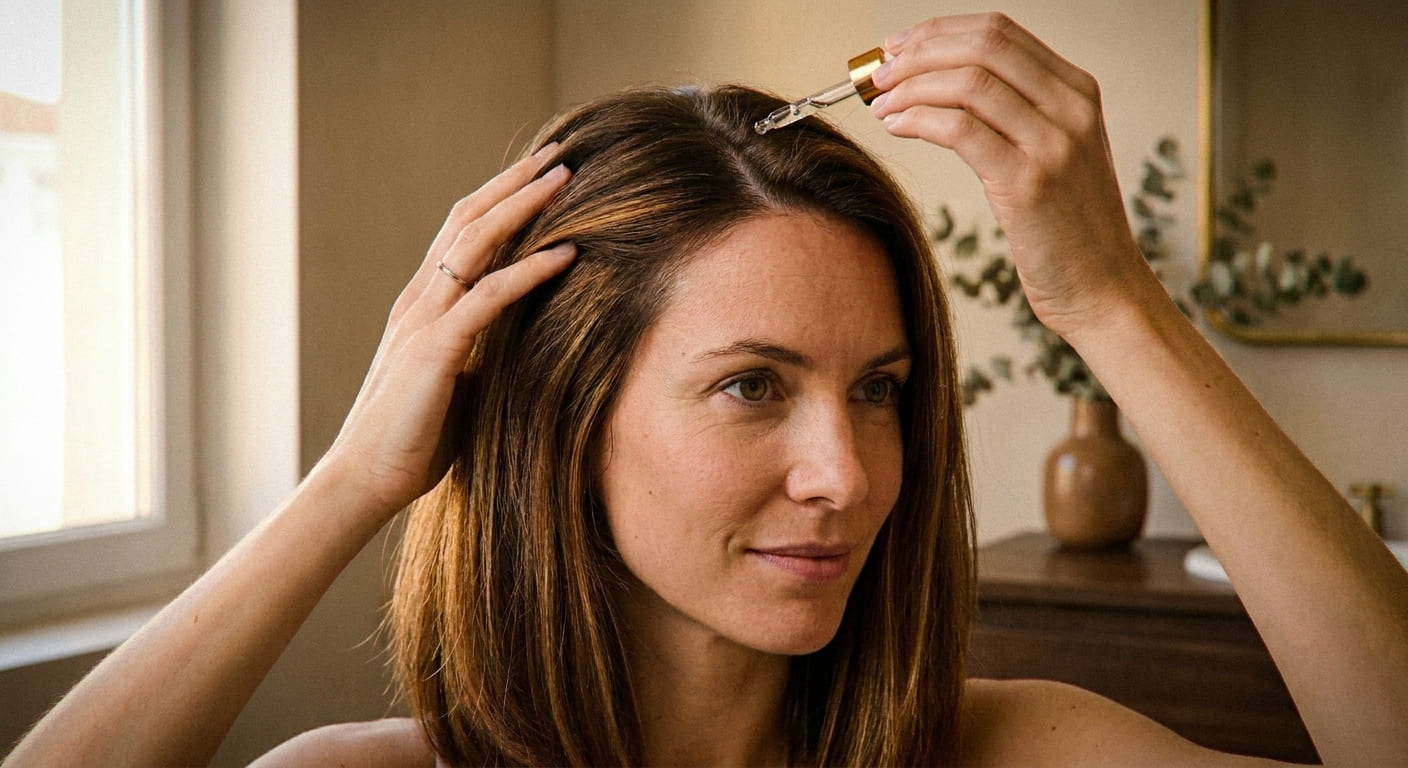 Femme de 30 ans appliquant un sérum anti-chute sur son cuir chevelu avec une pipette, illustrant le soin Silettum.