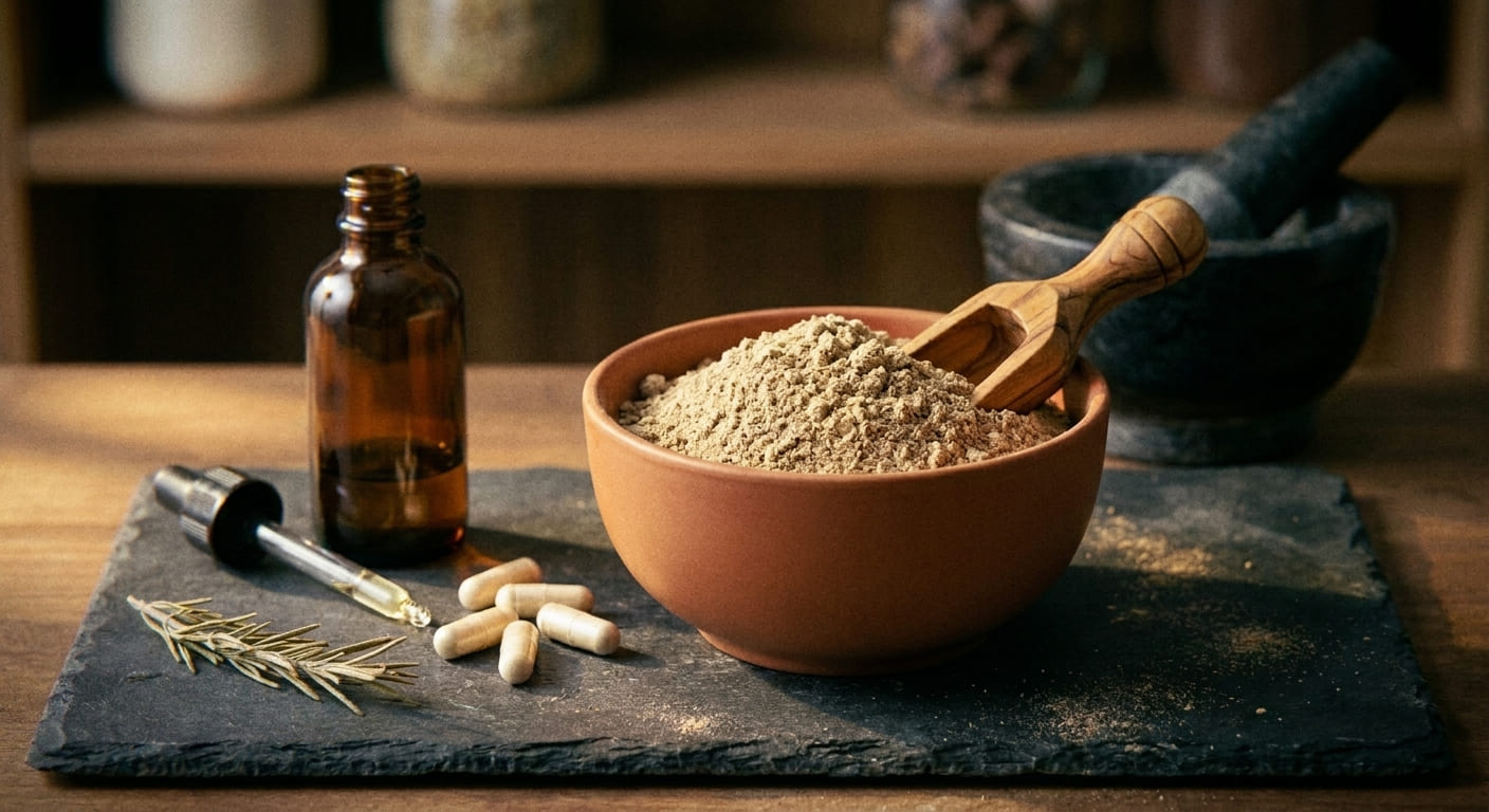 Composition apothicaire d'un complément capillaire en poudre pour le volume des cheveux, avec vitamines et plantes dans un bo