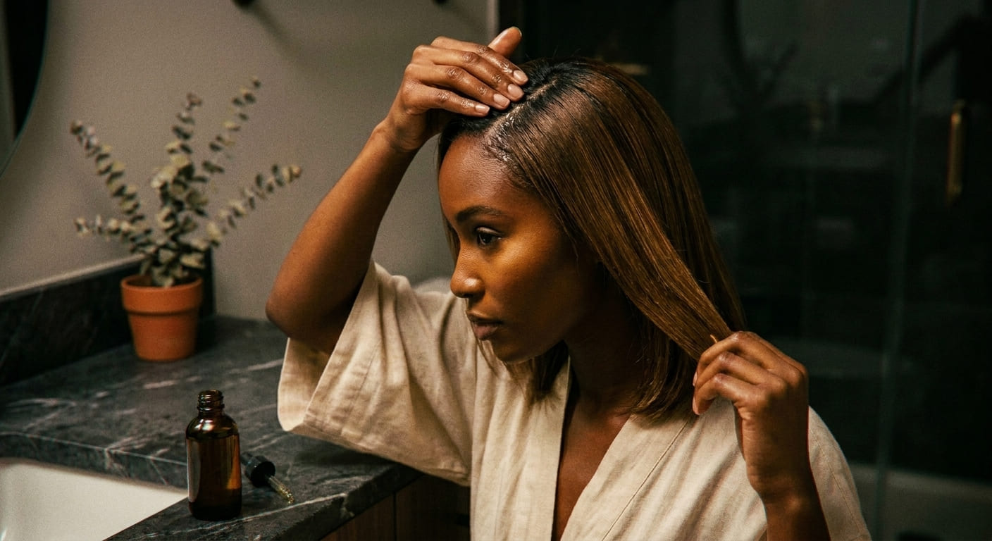 Femme appliquant un soin sur ses cheveux défrisés pour illustrer une routine capillaire protectrice dans une salle de bain ap