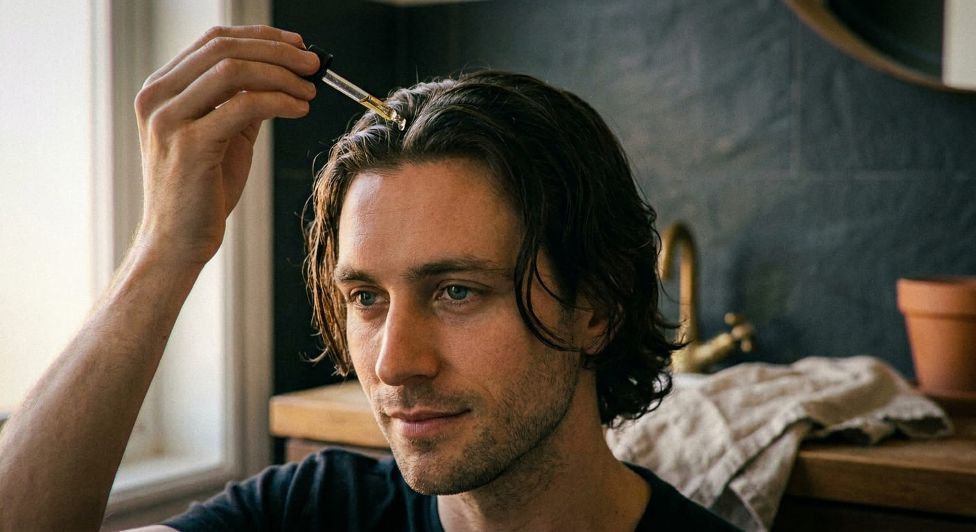 Homme concentré appliquant un sérum sur son cuir chevelu, illustrant une routine capillaire efficace contre la perte de cheve
