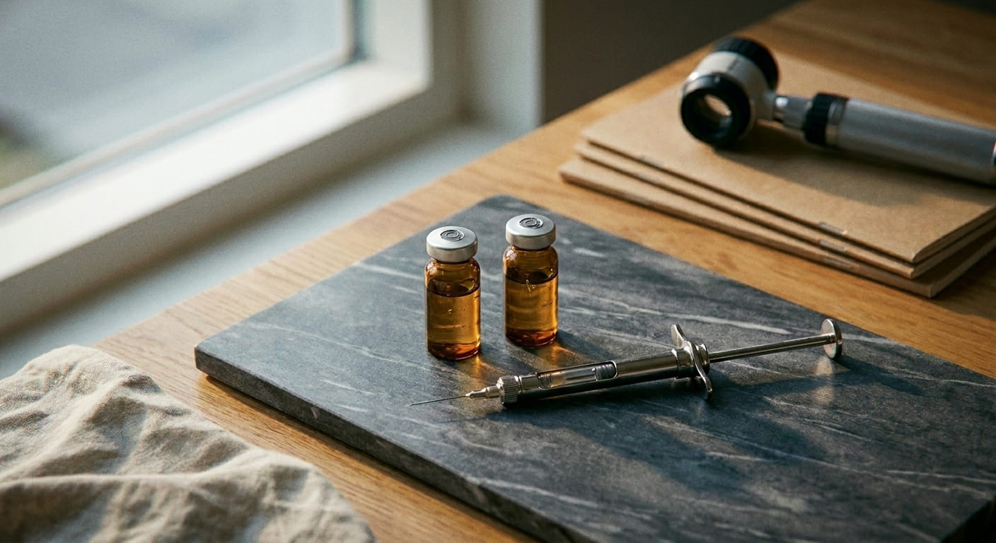 Flacons de sérum et seringue de mésothérapie pour le traitement des cheveux par exosomes sur une table en marbre.