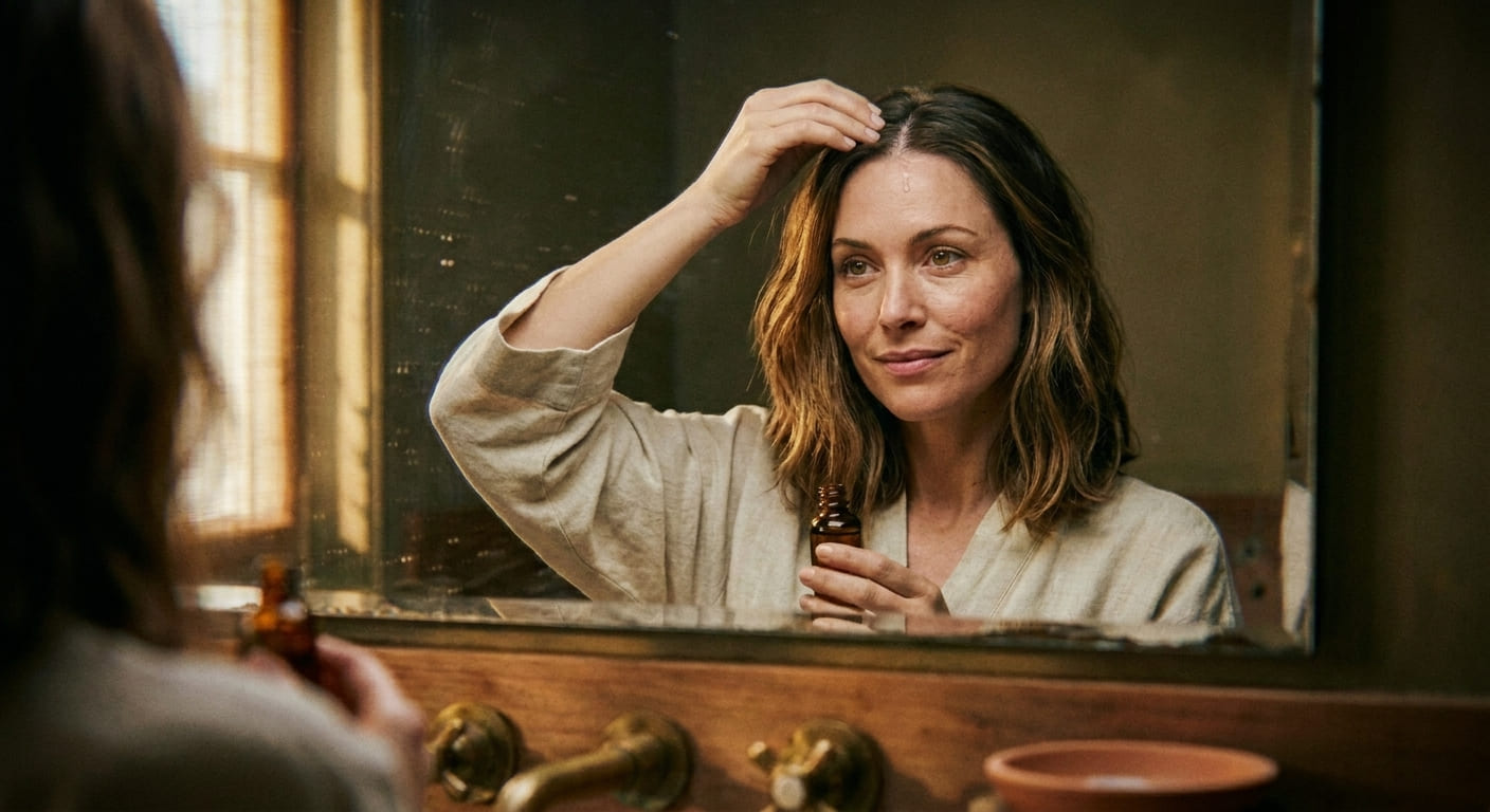 Soin du cuir chevelu pour alopécie hormonale femme, application de sérum capillaire
