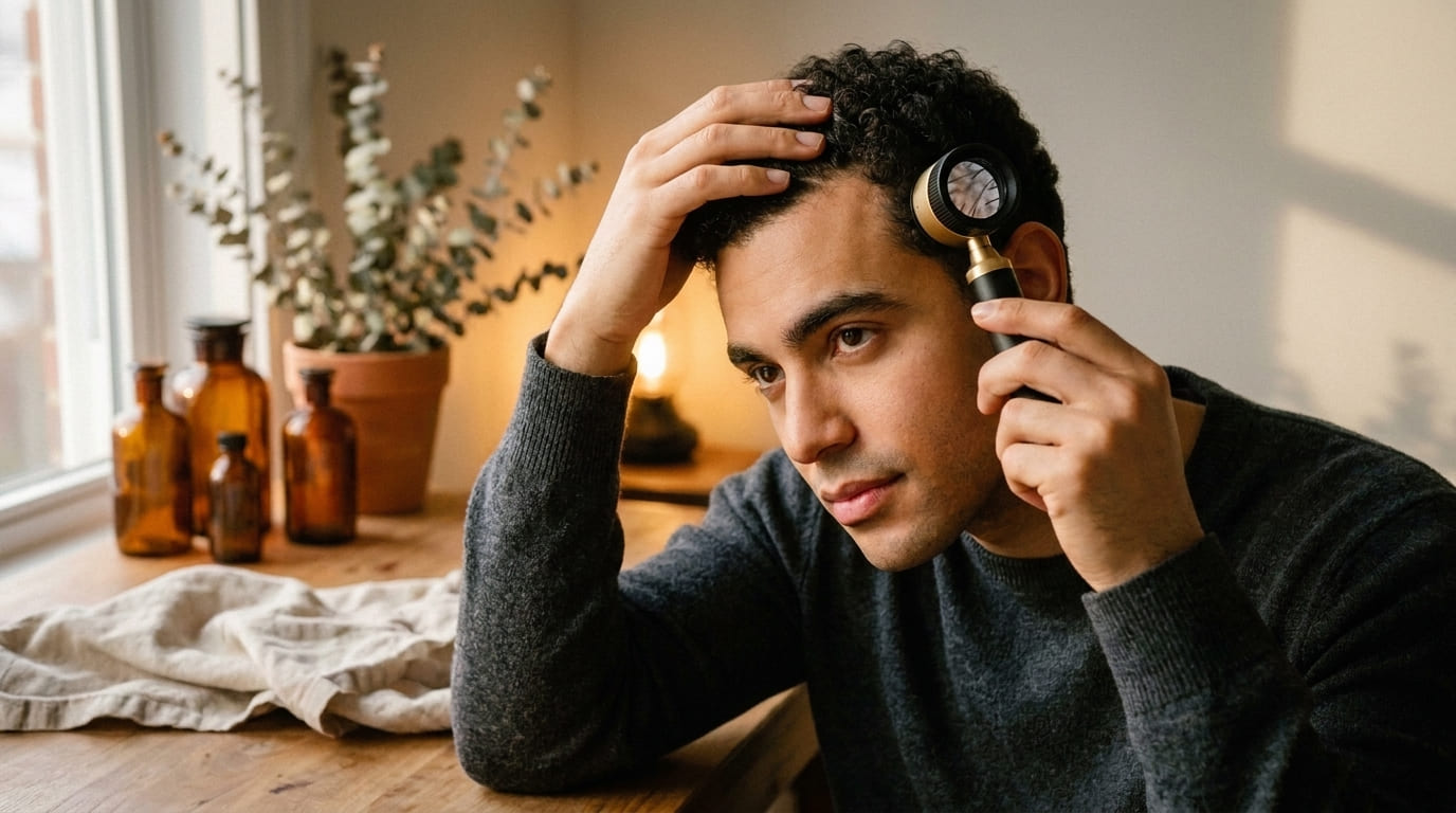 Un homme examine attentivement son cuir chevelu avec un dermatoscope pour un diagnostic précis de l'alopécie et ses types.