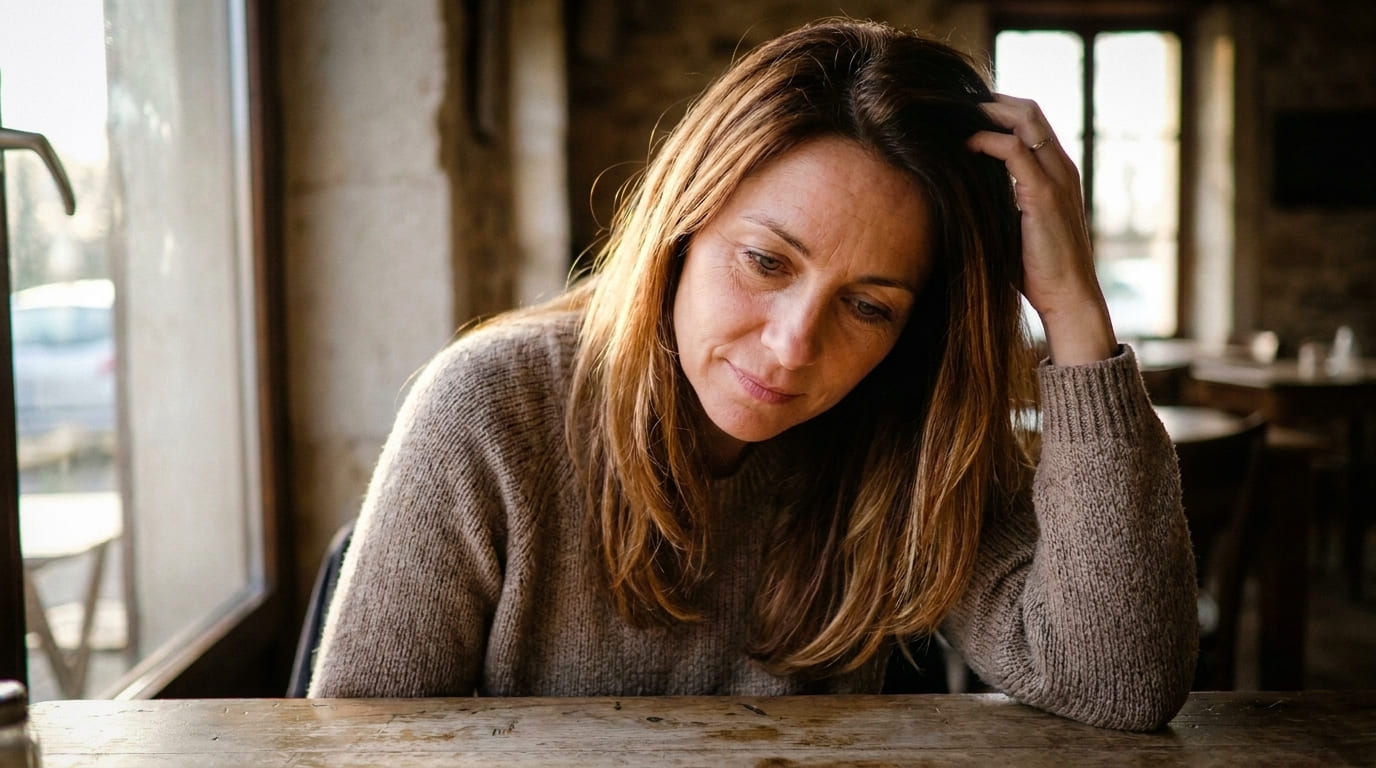 Femme pensive touchant ses cheveux, illustrant le psoriasis du cuir chevelu et la chute de cheveux.