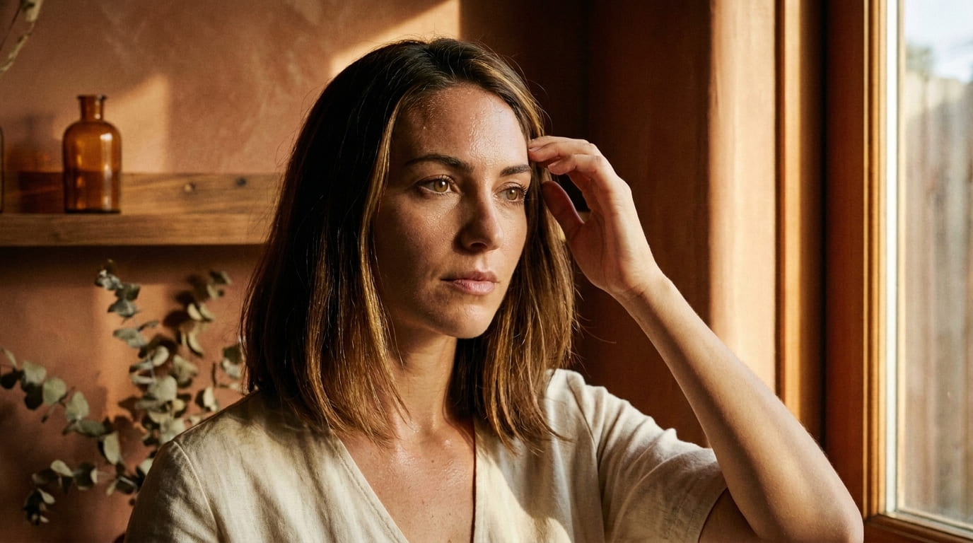 Femme sereine touchant ses cheveux, inquiète des effets de la canicule et de la chute de cheveux. Lumière douce, ambiance apo
