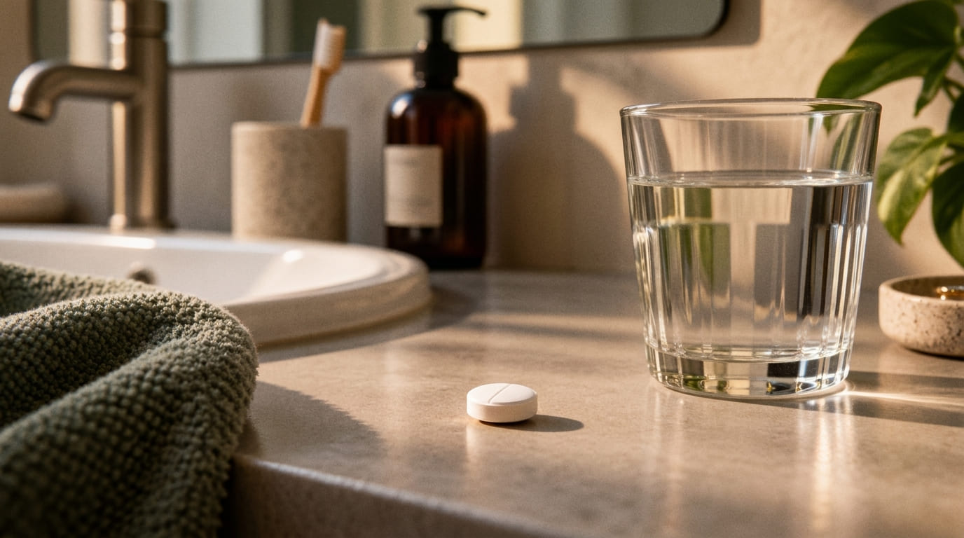 Comprimé blanc sécable posé sur un plan de salle de bain en pierre à côté d’un verre d’eau, avec lavabo et objets de toilette en arrière-plan.