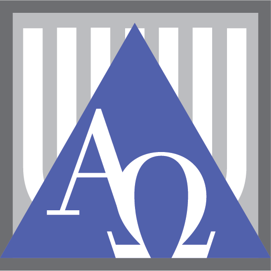 Blue triangle with white letters A and Ω inside, representing the Alpha Omega International Dental Fraternity.