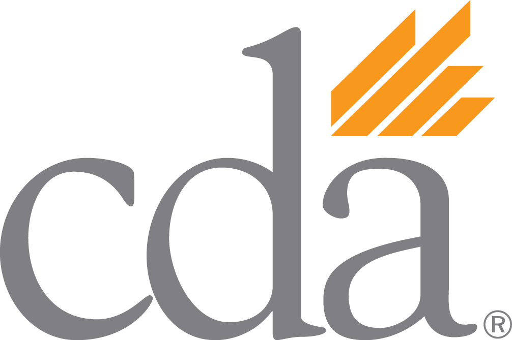 Gray lowercase letters cda with an orange flame above the letter d, representing the California Dental Association.