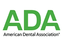Bold green capital letters ADA with black text American Dental Association beneath.