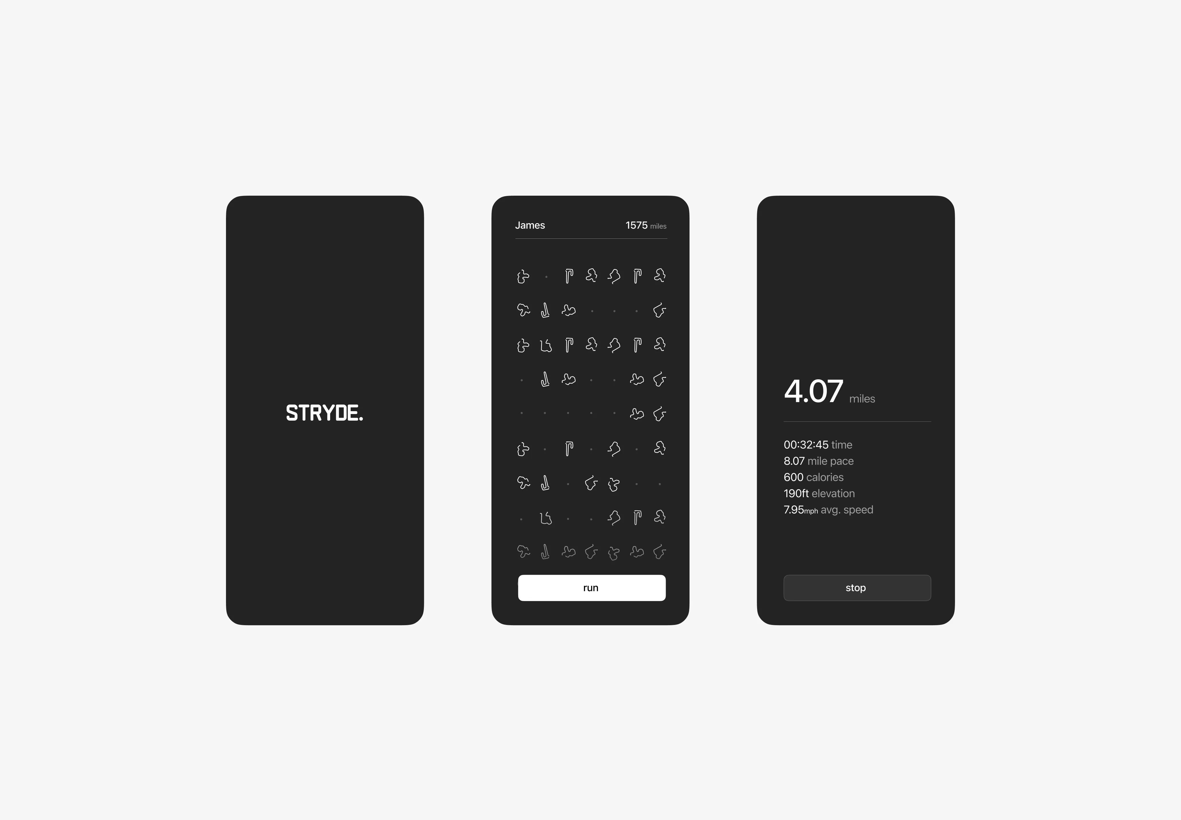 User interface of a dark-themed running app named STRYDE showing start screen, route selection with 1575 miles, and running stats including 4.07 miles, time, pace, calories, elevation, and average speed.