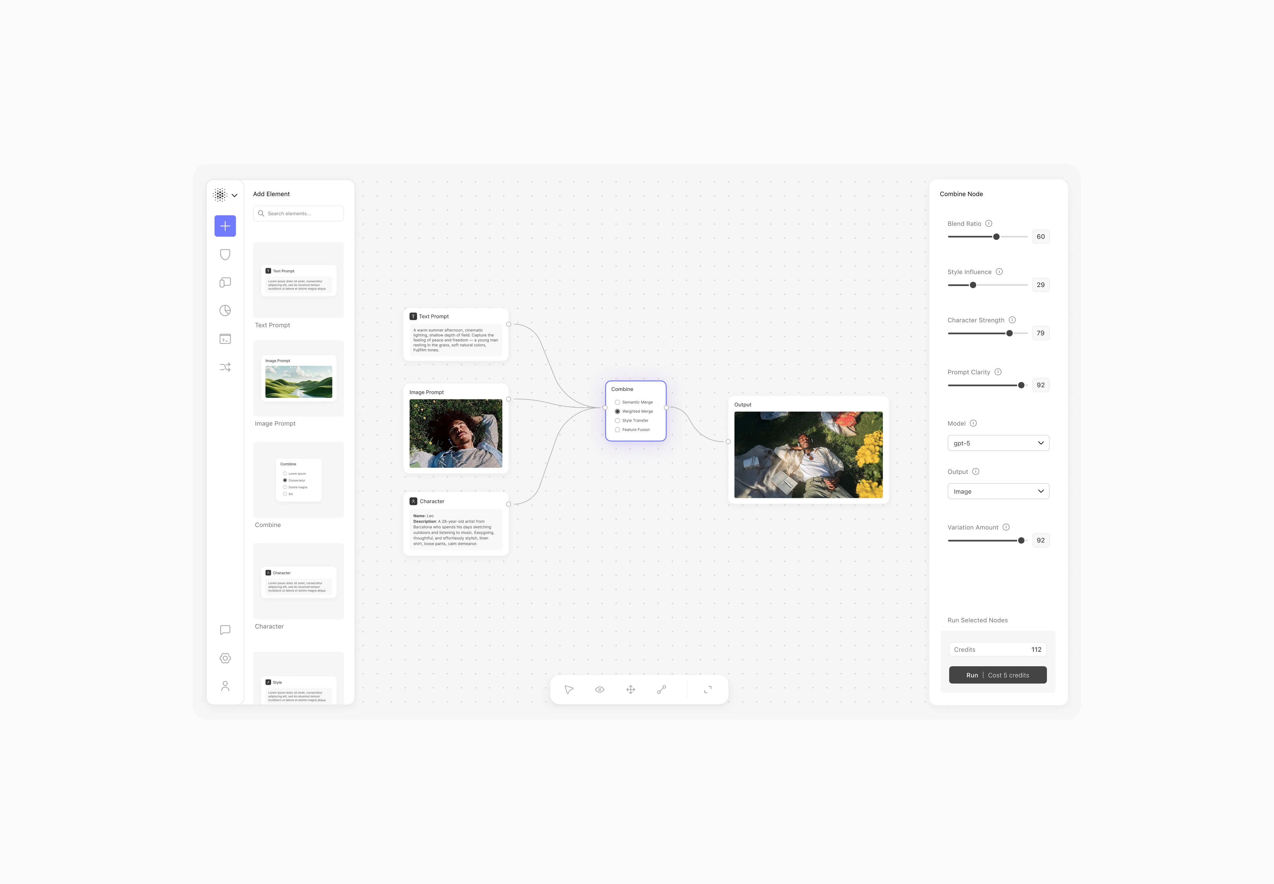 User interface of a visual AI tool combining text, image, and character prompts to generate a blended output image of a man lying in a garden with yellow flowers.