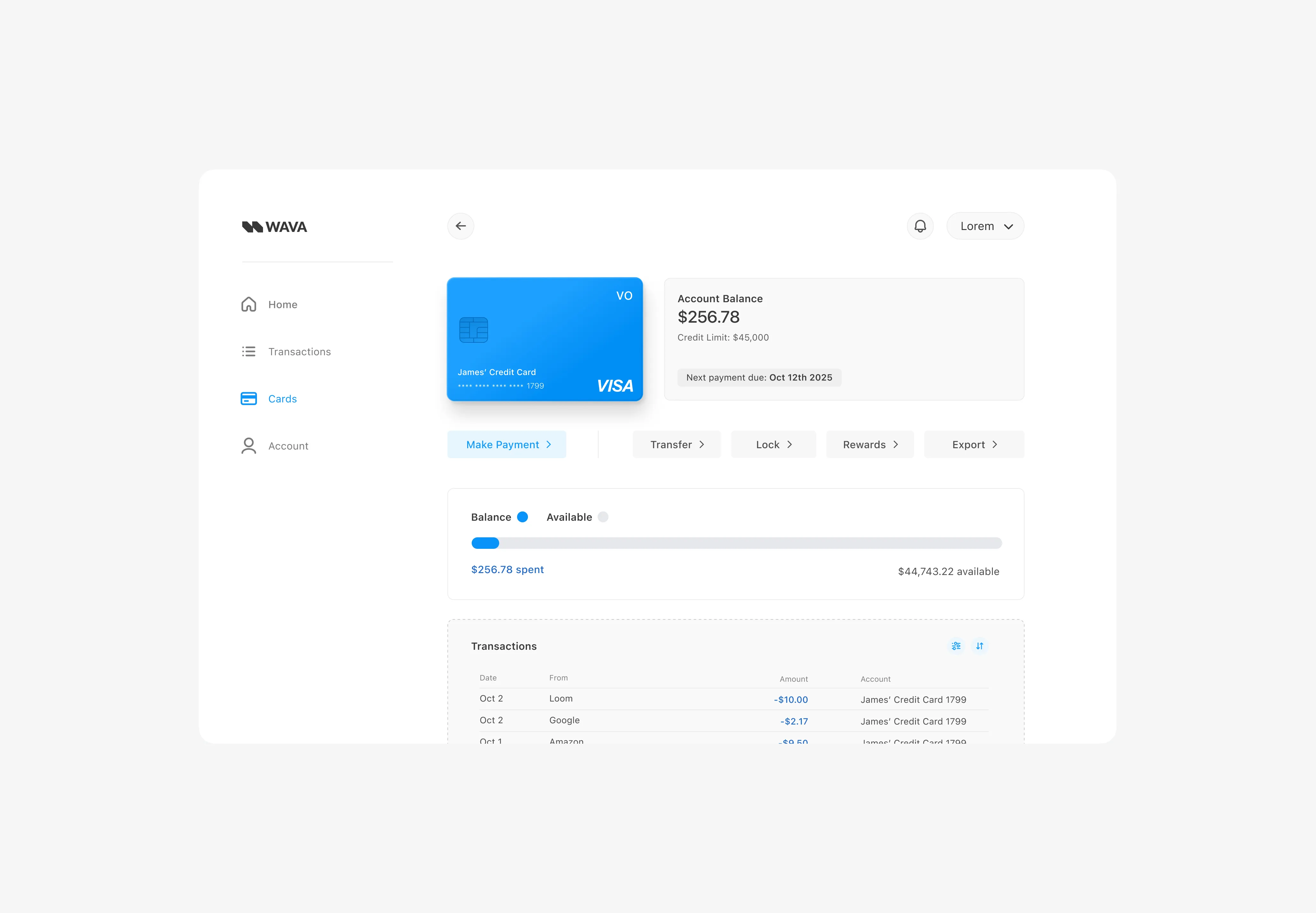 Online banking dashboard showing James' Visa credit card with a $256.78 balance, credit limit of $45,000, payment due Oct 12, 2025, balance bar, and recent transactions.