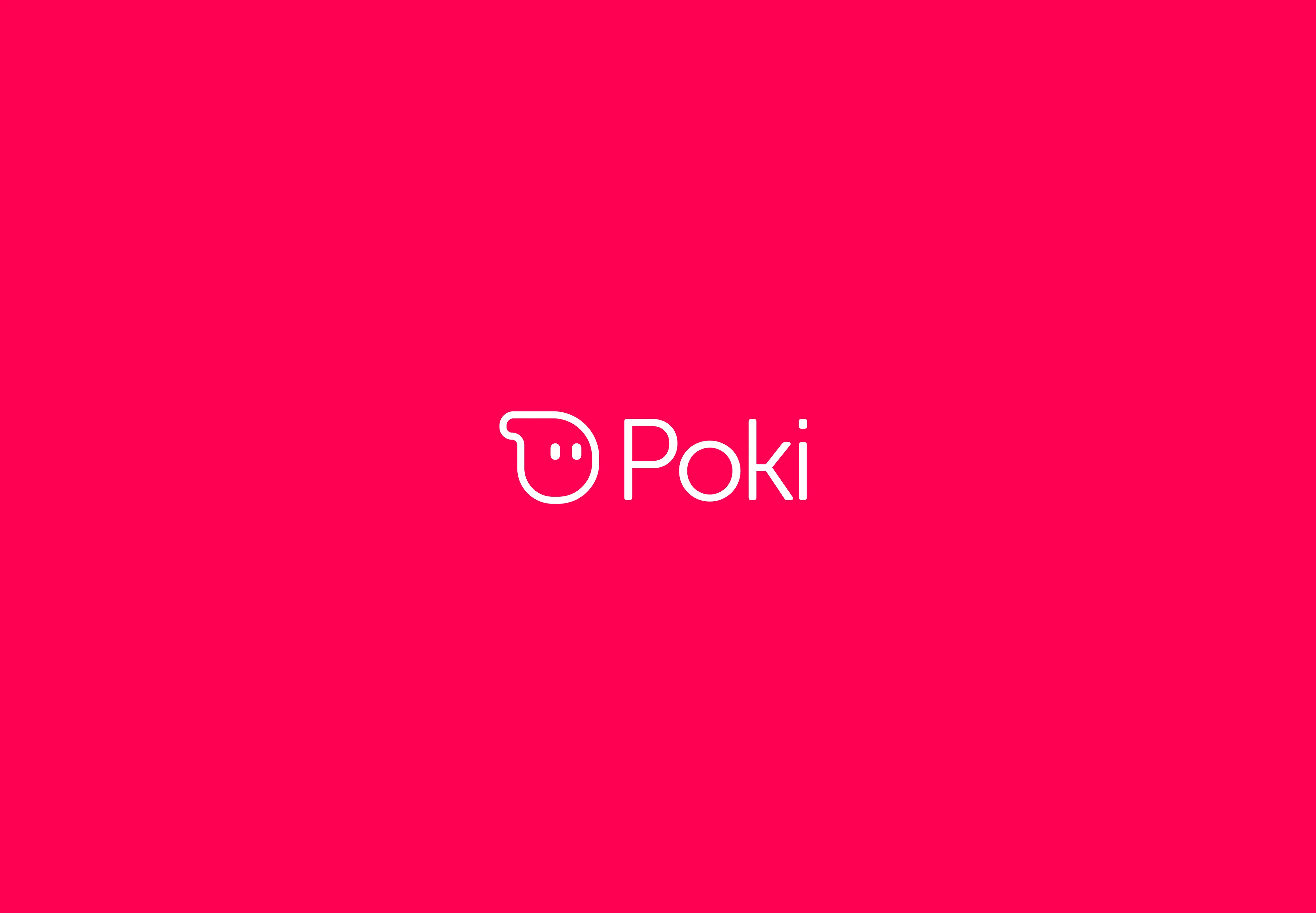 Poki logo featuring a stylized white smiling face outline next to the word 'Poki' on a bright pink background.