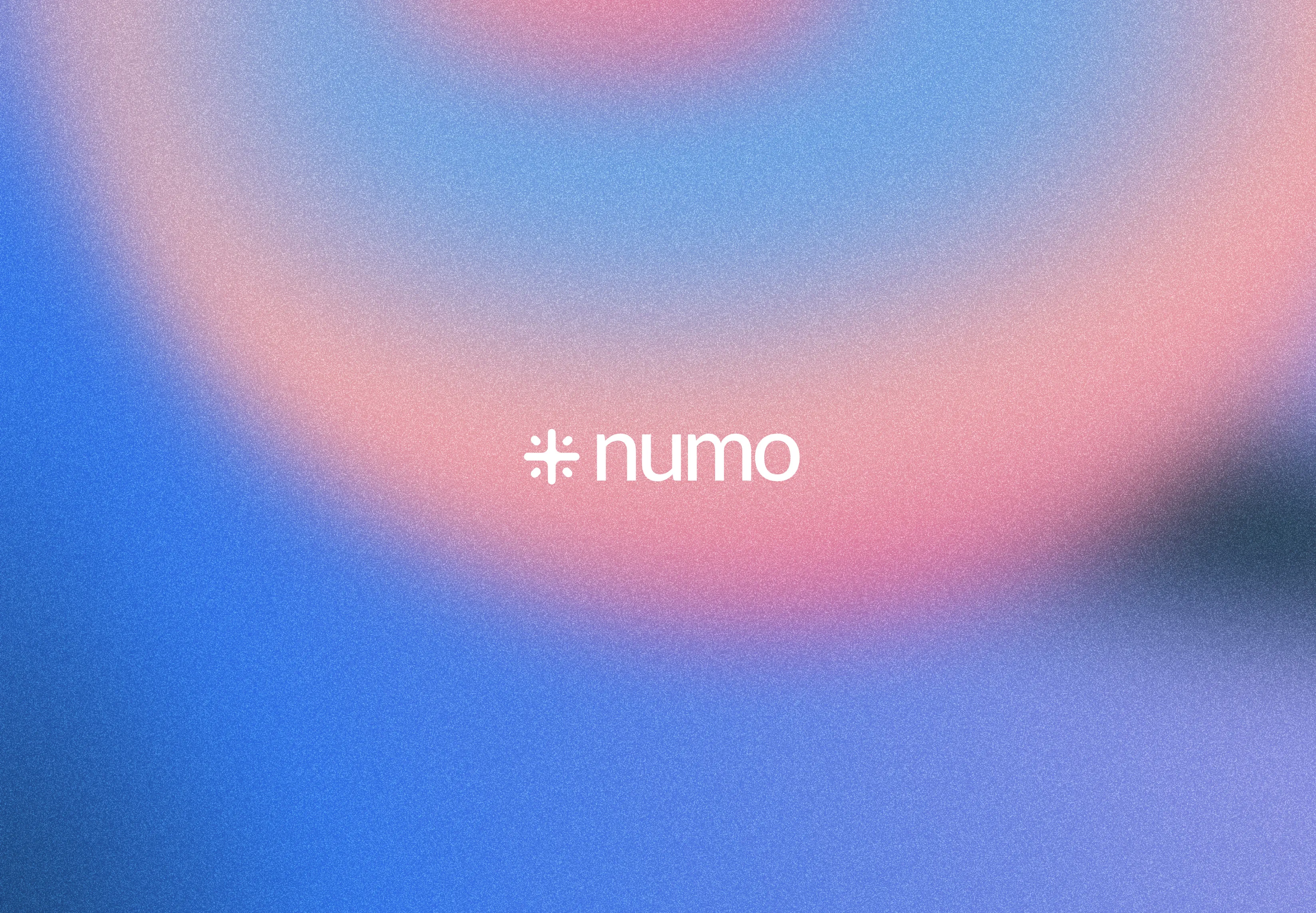 Numo logo in white centered on a blurred pink and blue gradient background.