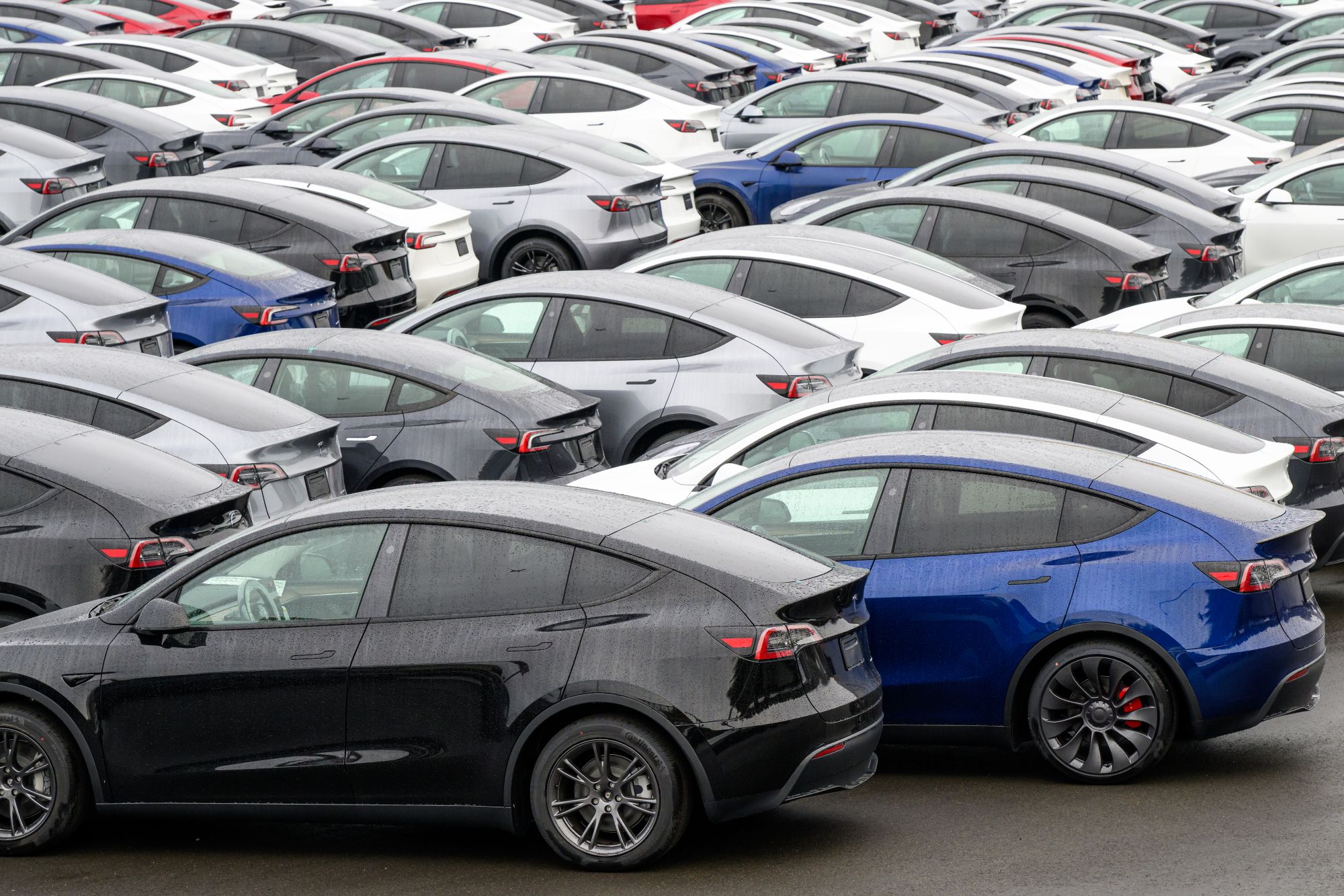 Parkplatz voll mit Teslas
