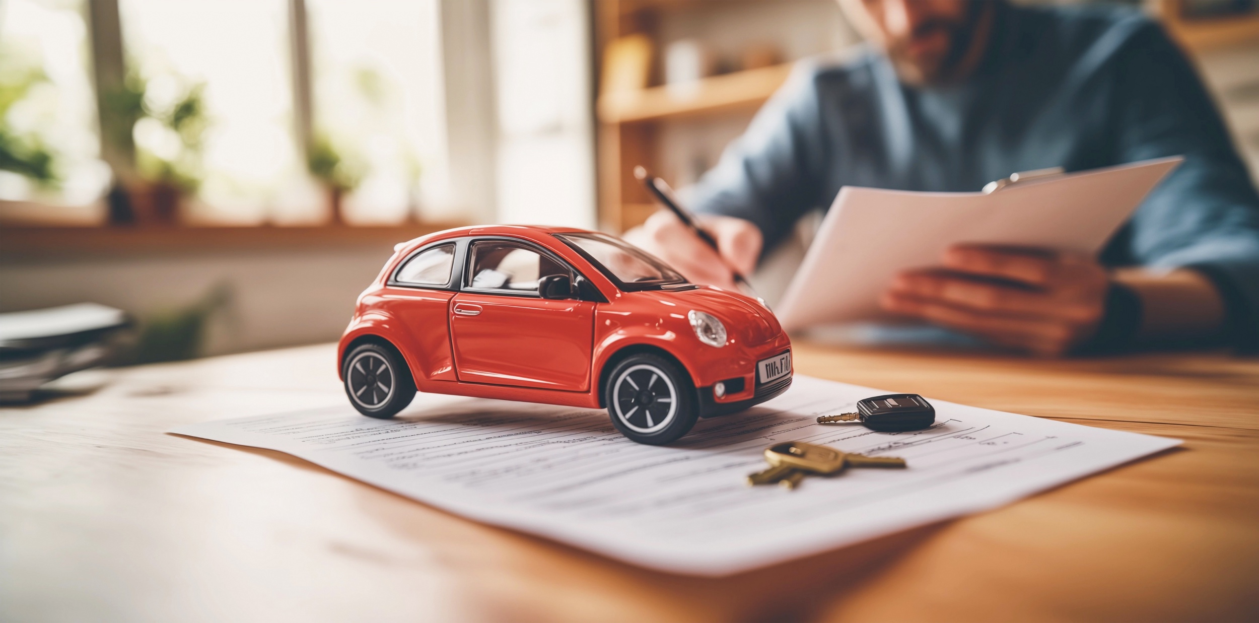 Rotes Modellauto auf Vertrag