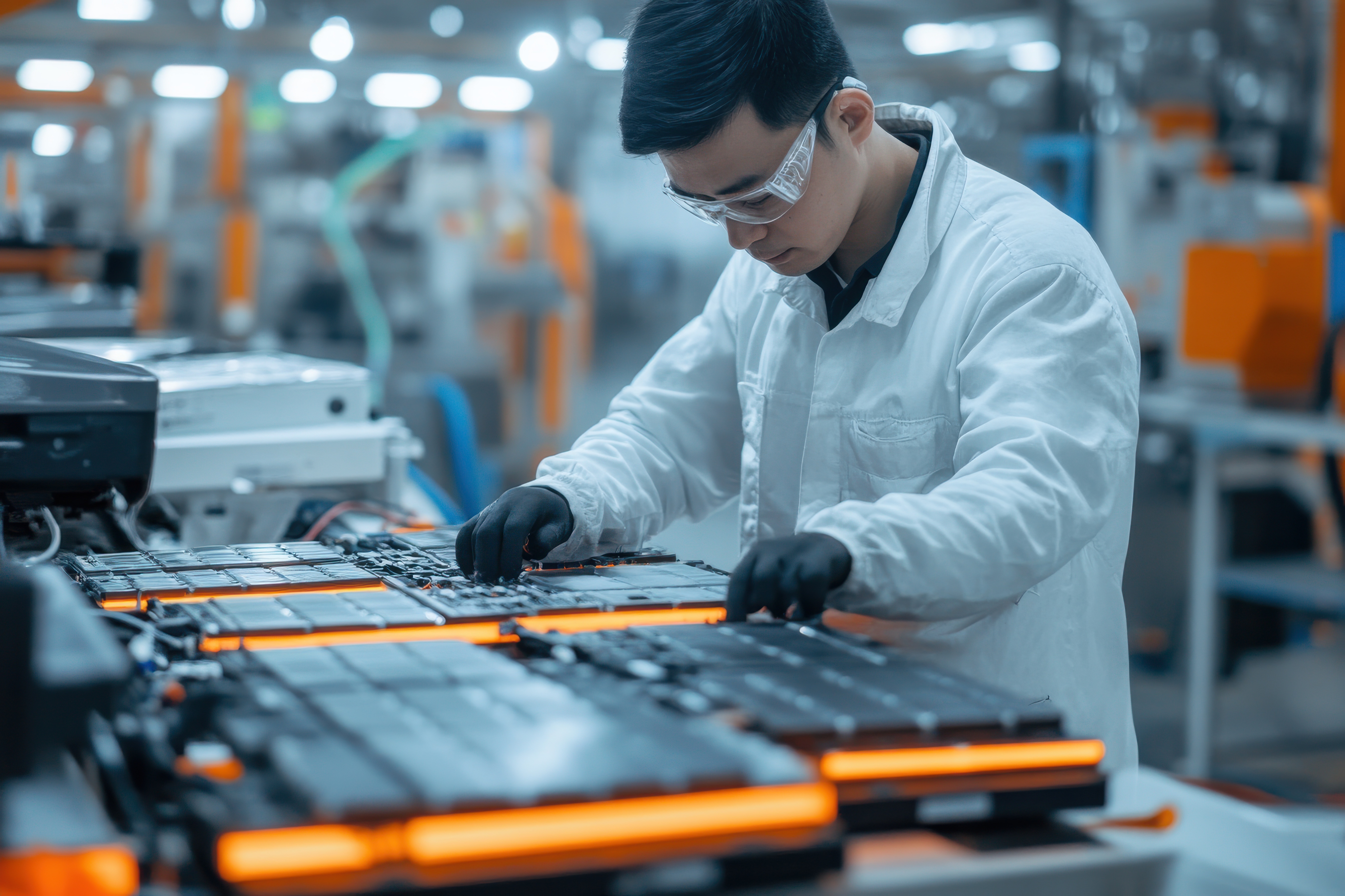 Chinesischer Arbeiter an einer Elektroauto-Batterie (KI-generiert)
