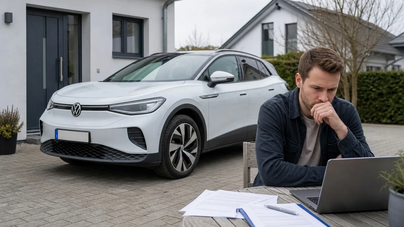 Person prüft Leasingunterlagen neben einem VW ID.4 in einer Einfahrt.