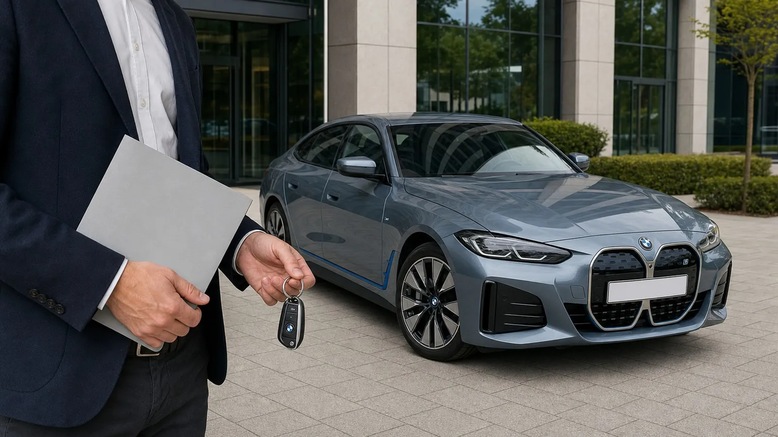 Person mit Fahrzeugunterlagen und Schlüssel vor einem BMW i4.