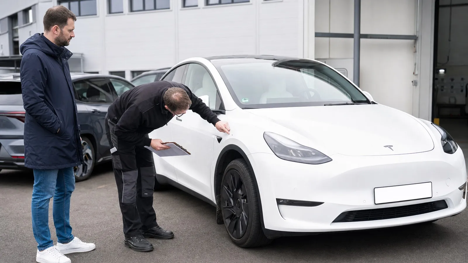 Gutachter prüft ein Tesla Model Y bei der Leasingrückgabe.