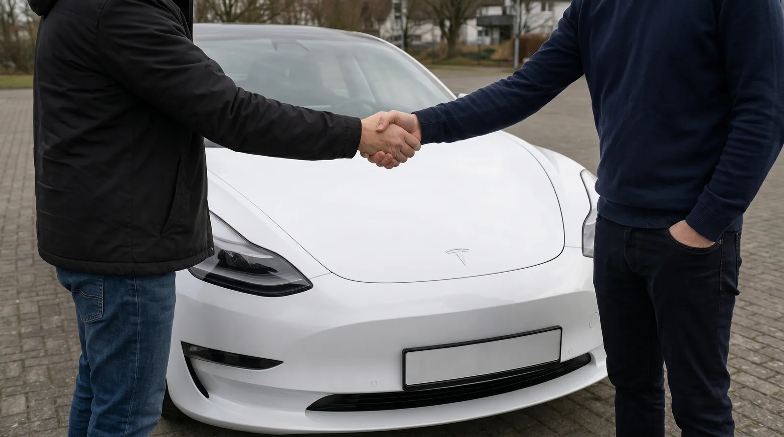 Zwei Männer schütteln sich die Hände vor einem Tesla Model 3.