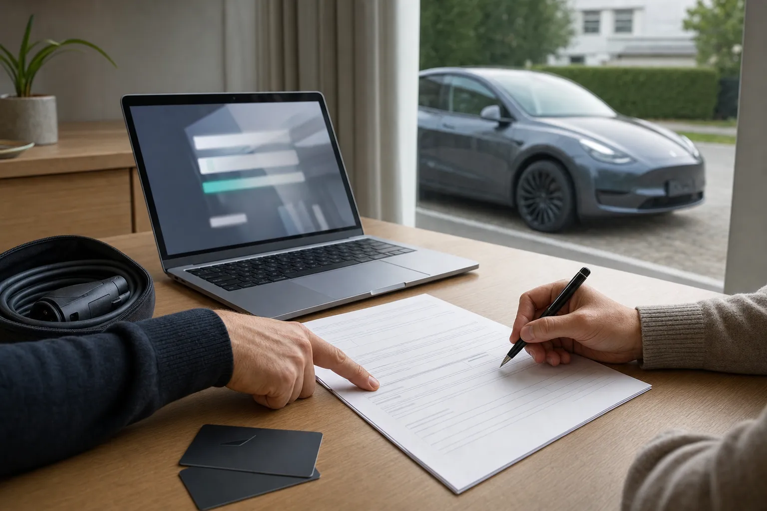 Ein Kaufvertrag für ein Tesla Model Y wird am Tisch unterzeichnet.