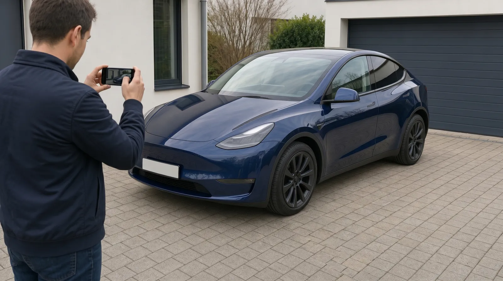 Ein Mann macht ein Foto von einem Tesla Model Y für das Verkaufsinserat.