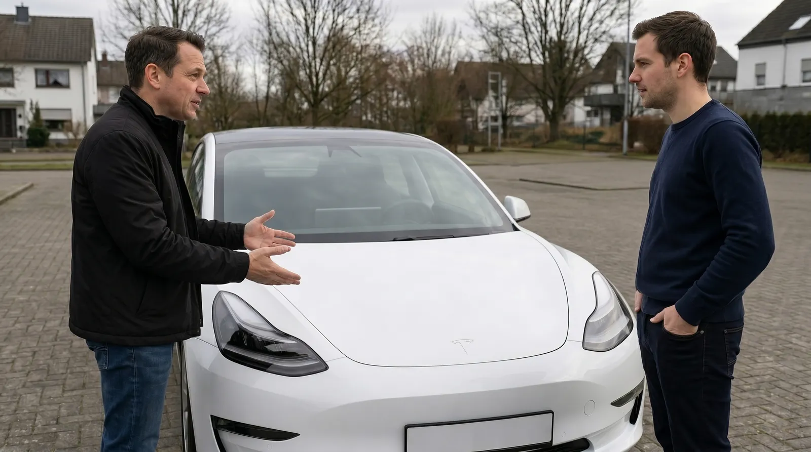 Zwei Männer diskutieren den Kaufvertrag vor einem Tesla Model 3.