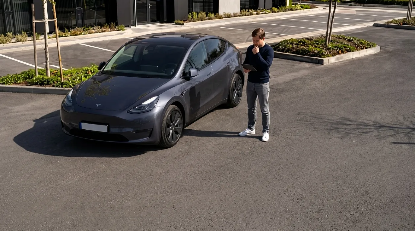 Person prüft mit Tablet die Verkaufsoptionen für einen Tesla auf einem Parkplatz.