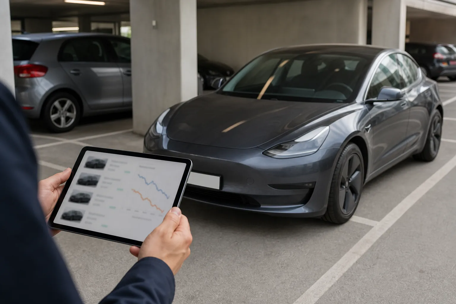 Tablet mit Marktvergleich und Preisentwicklung vor einem geparkten Tesla in einer Tiefgarage.