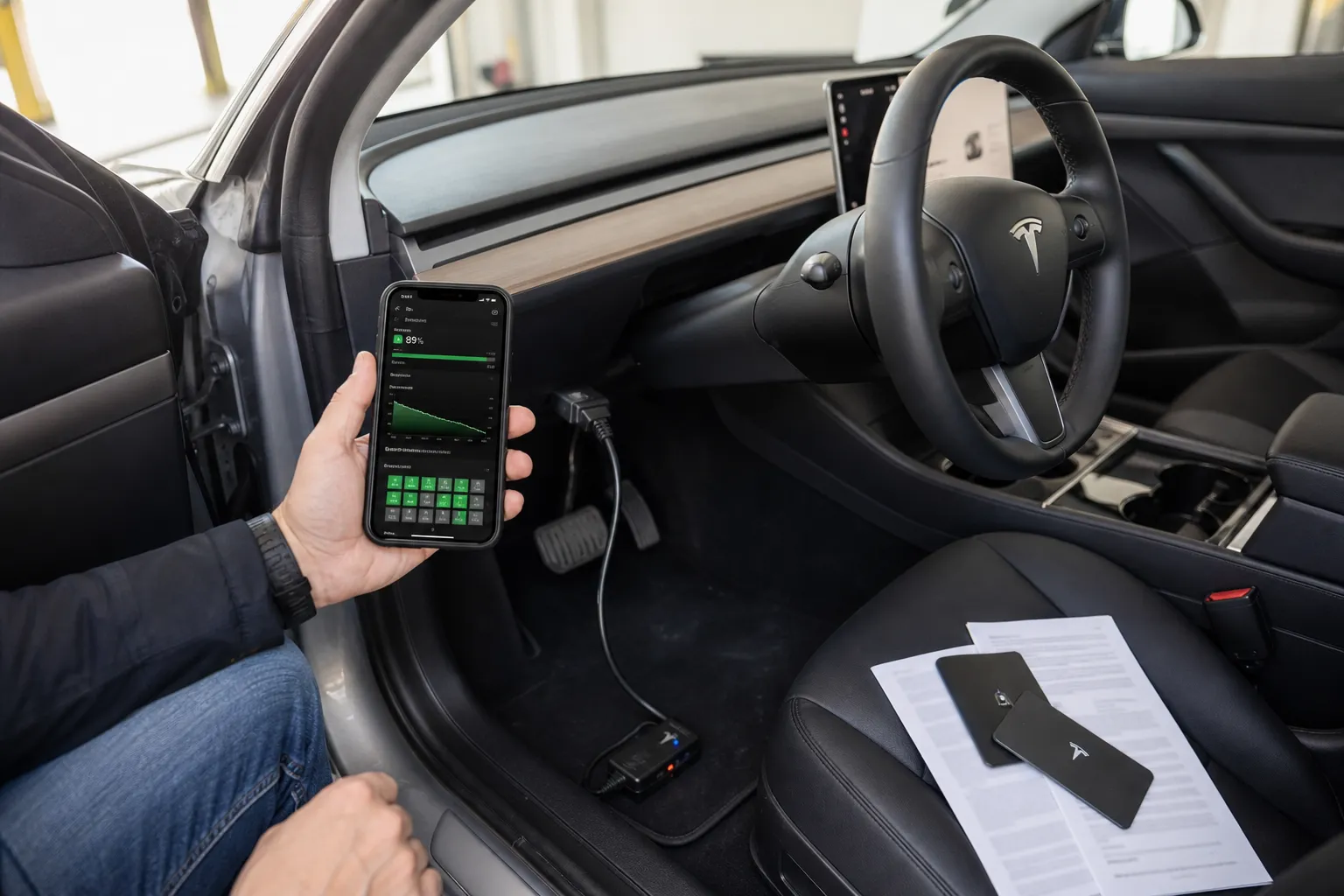 Batteriecheck im Tesla-Innenraum mit Diagnoseadapter und SoH-Anzeige per Smartphone-App.