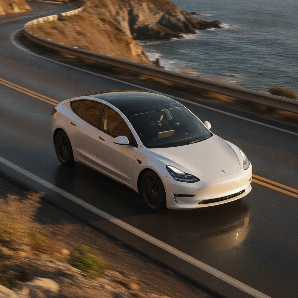 Tesla Model 3 auf Küstenstraße in Fahrt, jetzt verkaufen bei Aampere