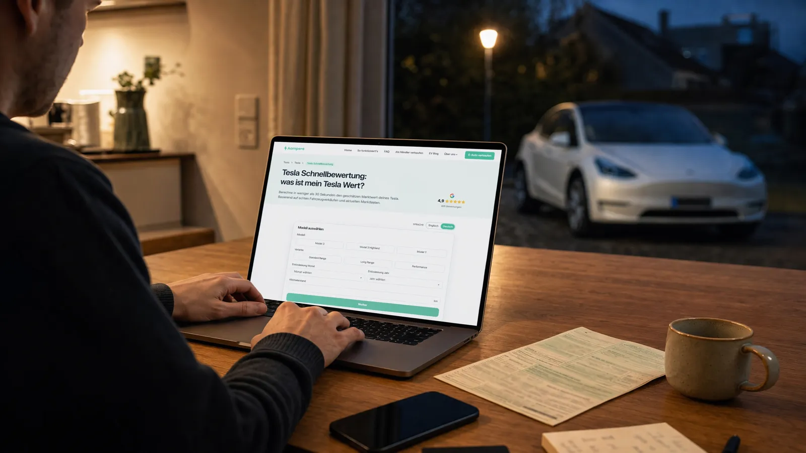 Person holt am Laptop eine Online-Schnellbewertung für den Tesla-Verkauf bei Aampere ein.