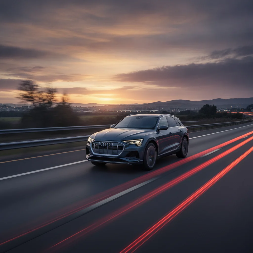 Audi Q8 e-tron in Fahrt auf der Autobahn in der Abenddämmerung, jetzt verkaufen bei Aampere