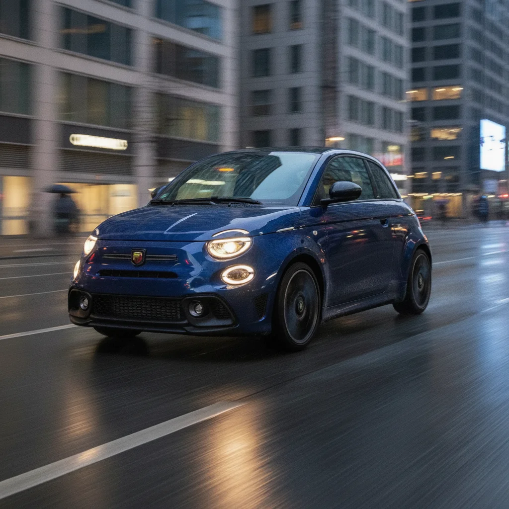 Abarth 500e in Fahrt in der Stadt bei Dämmerung, jetzt verkaufen bei Aampere