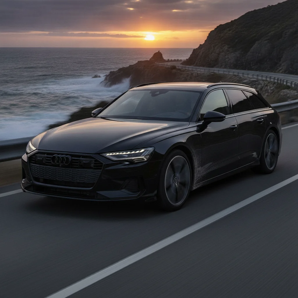 Audi S6 e-tron in Fahrt auf einer Küstenstraße bei Sonnenuntergang, jetzt verkaufen bei Aampere