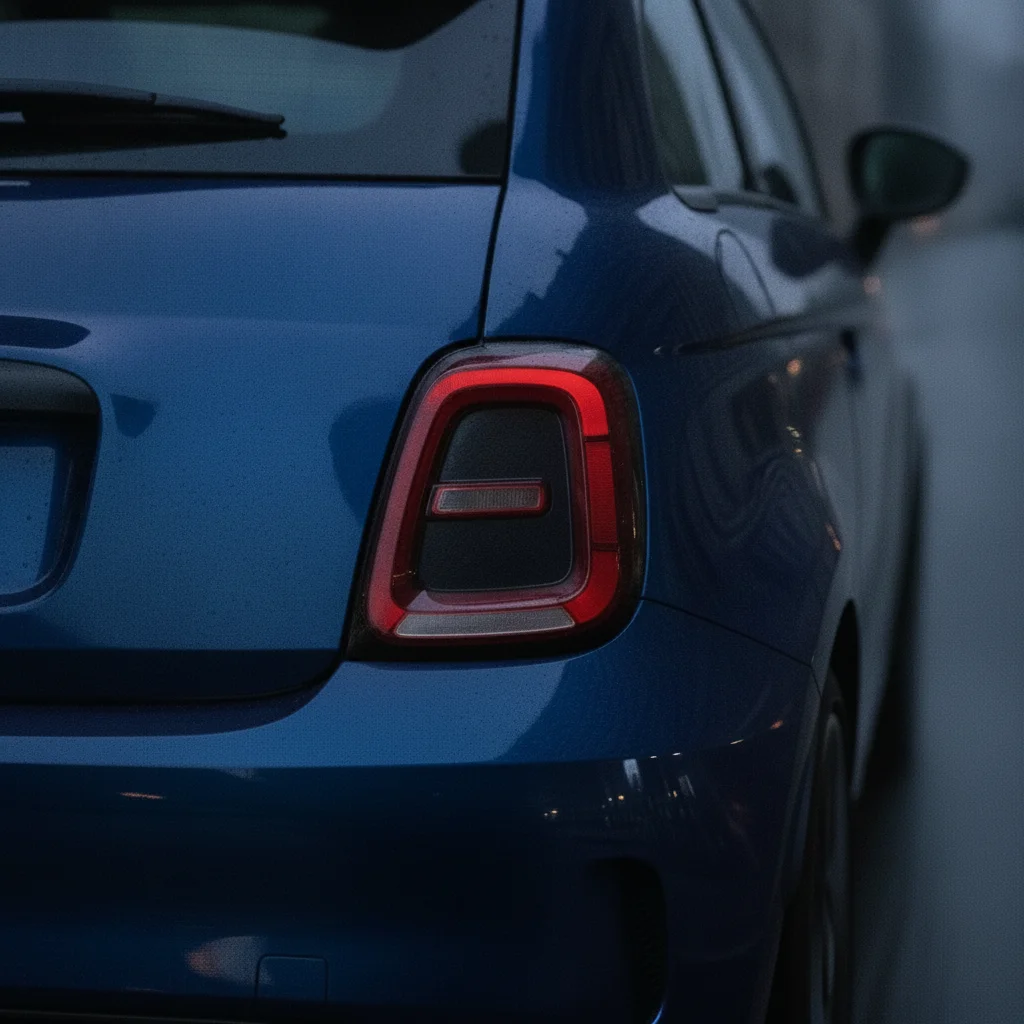 Heck-Detail eines blauen Abarth 500e mit Rückleuchte