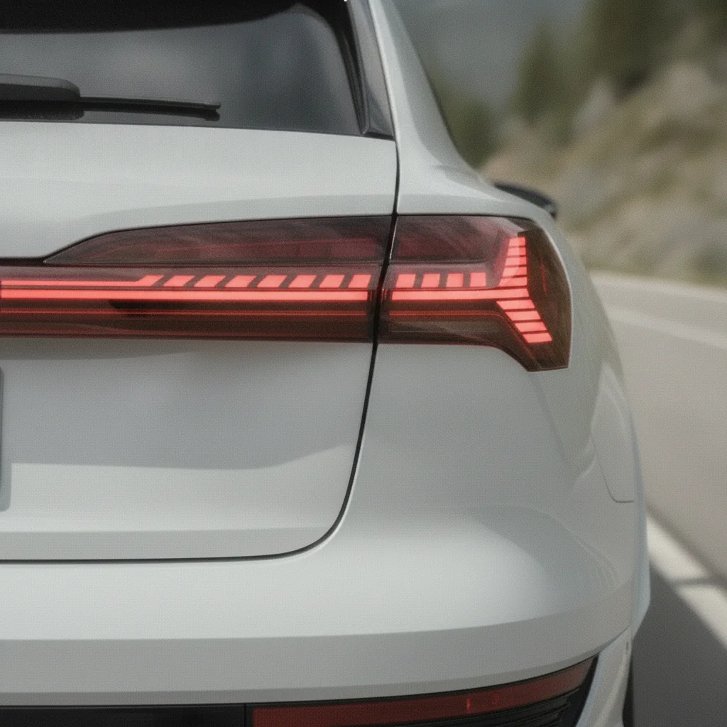 Heck-Detail eines weißen Audi Q6 e-tron mit Rückleuchte