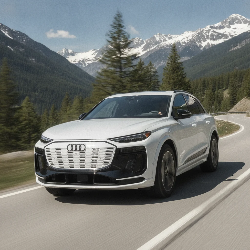Audi Q6 e-tron in Fahrt auf einer Bergstraße, jetzt verkaufen bei Aampere