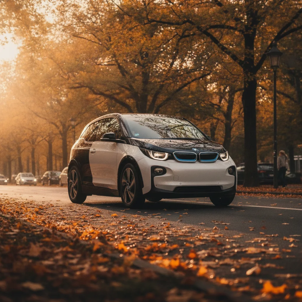 BMW i3 in Fahrt auf einer Allee mit Herbstlaub, jetzt verkaufen bei Aampere