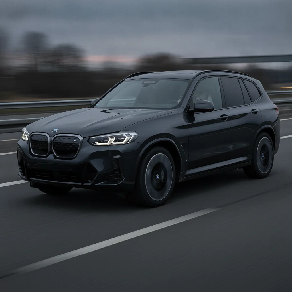 BMW iX3 in Fahrt auf der Autobahn in der Abenddämmerung, jetzt verkaufen bei Aampere